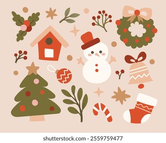 Christmas cute cartoon elements. Set of xmas vector illustrations with tree, gift box, decorations, snowman.