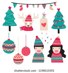 Christmas cute cartoon elements vector. Deer, ball, light, sock, pine tree isolated on white