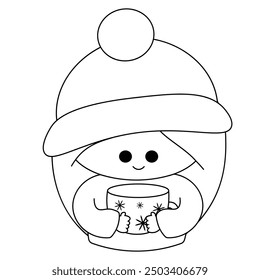 Christmas cute cartoon Girl with cup in black and white