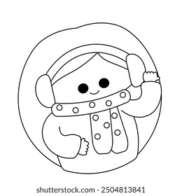 Christmas cute cartoon Girl in headphone in black and white