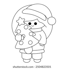 Christmas cute cartoon Girl Santa with Christmas tree in black and white