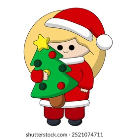Christmas cute cartoon Girl Santa with Christmas tree in color