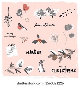 Christmas cute cartoon illustration clipart with different winter holidays symbols, animals and characters. hand drawn textures design concept