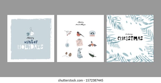 Christmas Cute Cartoon Illustration Clipart With Different Winter Holidays Symbols, Animals And Characters. Hand Drawn Textures Design Concept