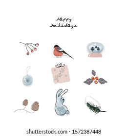 Christmas cute cartoon illustration clipart with different winter holidays symbols, animals and characters. hand drawn textures design concept