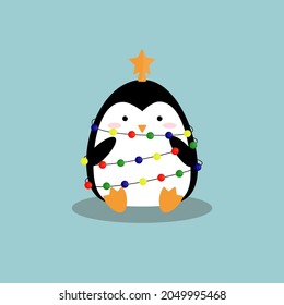 Christmas Cute Cartoon Penguin With Garland