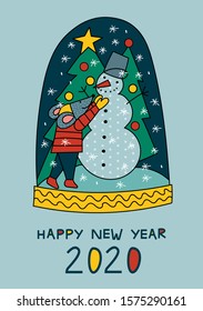 Christmas cute cartoon rat sculpts a snowman in snowball globe. New year 2020. Greeting card. Merry christmas. Hold hands. Mouse. Vector. Card, poster. Symbol of 2020. Chinese new year. Hand drawn.