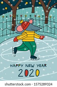 Christmas cute cartoon rat skating. New year 2020. Greeting card. Merry christmas. Vector illustration. Card, postcard, poster. Symbol of 2020. Chinese new year. Hand drawn.