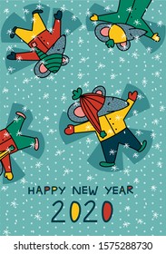 Christmas cute cartoon rats with christmas tree. New year 2020. Greeting card. Merry christmas. Vector illustration. Card, postcard, poster. Symbol of 2020. Chinese new year. Hand drawn.