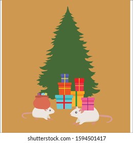 Christmas cute cartoon rats with christmas tree. New year 2020. Chinese new year.