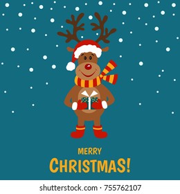 Christmas  cute cartoon  reindeer with gift box.  Xmas greeting  card  template.  Flat  design   vector illustration.