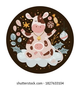 Christmas cute cartoon round cow vector illustration. Meditation animal ornate card with winter decorations. Perfect for kid apparel print and greeting poster. New Year 2021.