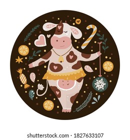 Christmas cute cartoon round cow vector illustration. Animal ornate card with winter decorations. Perfect for kid apparel print and greeting poster. New Year 2021.