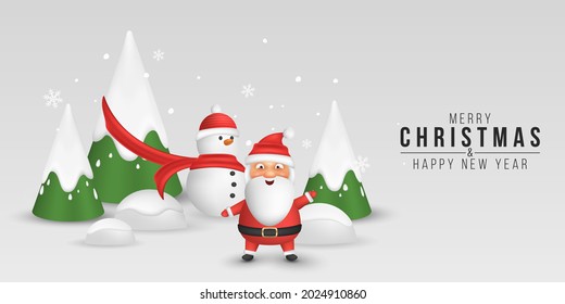 Christmas cute cartoon santa and snowman on the background of decorative fir trees with snowflakes. 3d emotional characters for the new year. Holiday cover. Vector illustration. EPS 10