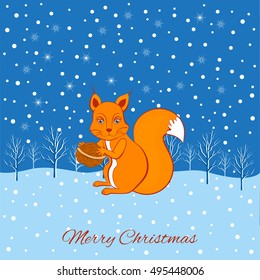 Christmas cute cartoon squirrel with walnut in paws sitting in winter forest and falling snowflakes on snow background, Template Christmas and New Year greeting card, decorative poster, baby shower