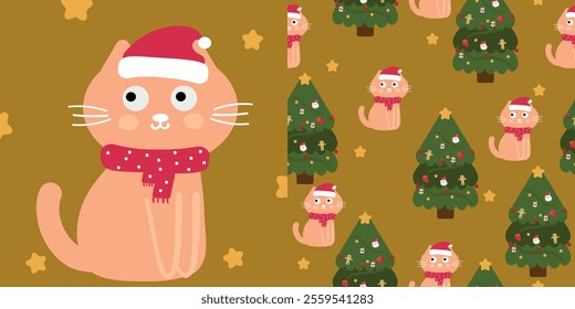 Christmas cute cat card and cute cat and christmas tree cartoon pattern, cute christmas and winter wallpaper for fabric prints, gift wrapping paper