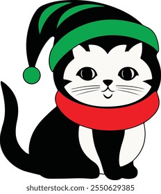 Christmas cute cat icon , Cute cat illustration with a Christmas tree hat