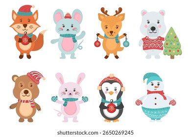 Christmas cute character design. Santa claus with wild animals dog, rabbit and cat in costume. Happy winter background for holiday card. Vector drawing set for kids celebration and gift.

