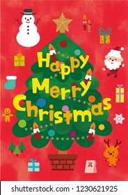 Christmas cute characters and design elements set.Watercolor texture background.