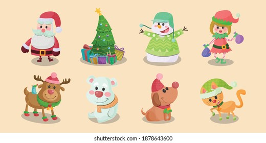 Christmas cute characters hand drawn flat illustration set