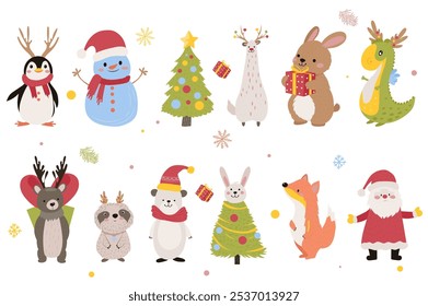 Navidades personajes lindos mega Elementos de conjunto en Diseño gráfico plano. Colección de objetos de pingüino con cuernos de ciervo, muñeco de nieve en sombrero, Santa Claus, árbol festivo, conejo, otros. Ilustración vectorial.