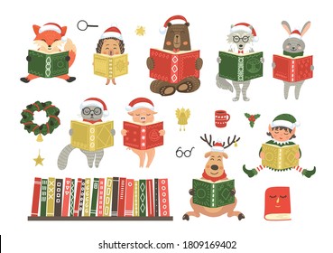 Christmas cute characters read books. Xmas story time. Set from elf, cat, hare, fox, rabbit, pig, bear, wolf, pig, hedgehog and deer. Children's illustration for educational winter holiday event.