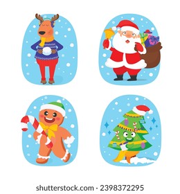 Christmas cute characters: Santa Claus, deer, Christmas tree, gingerbread man in vector. Pictures for your creativity, stickers, room decorations, printing on T-shirts