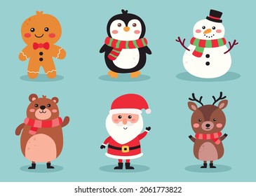 Christmas cute characters set isolated on blue background. vector Illustration.