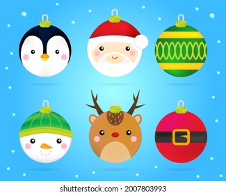 Christmas cute characters vector set on light blue gradient background. Round a cute Christmas characters collection. Vector illustration. Santa Claus, Penguin, Snowman, Colorful Ball, and Reindeer.