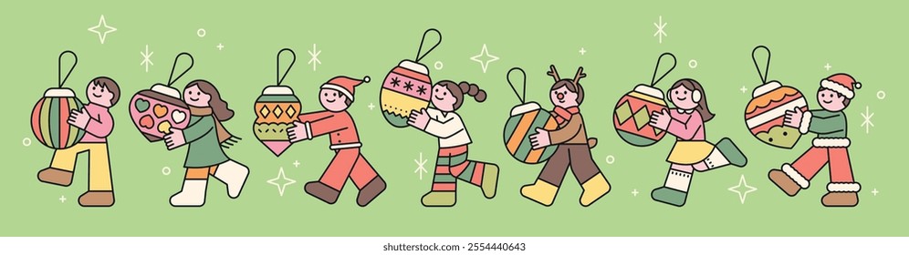 Christmas. Cute characters are walking in a line wearing Christmas clothes and holding large ornaments.