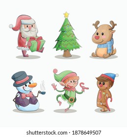 Christmas cute characters watercolor cartoon illustration set