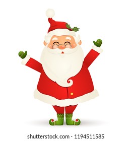 Christmas Cute, Cheerful, funny Santa Claus with glasses, waving hands and greeting isolated on white background. Santa clause for winter and new year holidays. Happy Santa Claus cartoon character.
