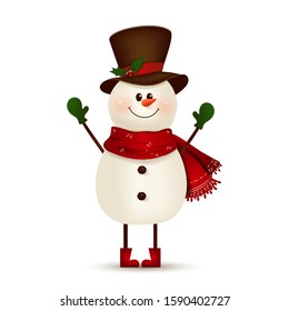 Christmas Cute, Cheerful, funny snowman waving hands and greeting isolated on white background. Snowman for winter and new year holidays. Happy Snowman vector cartoon character.