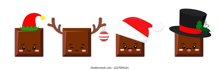 Navidad linda barra de chocolate pieza emoji personaje símbolo vector. Yummy cuadrado lechoso choco con cara en sombrero santa, con cuerno de ciervo. Kawaii caricatura cacao dulce food morsel emoticono ilustración