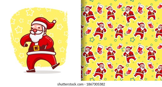 Christmas Cute Crazy Santa Dance Cartoon Pattern With Sock And Star Yellow Background For Wrapping Paper Illustration
