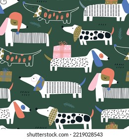 Christmas cute dachshund pattern. Hand drawn winter seamless texture with festive dogs holding gifts. Vector illustration svg