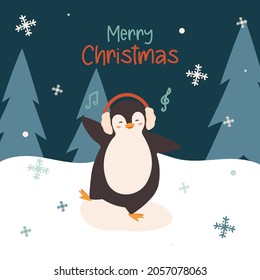 Christmas Cute Dancing Penguin listening to music with headphones. Vector illustration in flat style