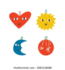 Christmas cute decorations. Vector hand drawn illustration. Heart, sun, moon and ball. Cute funny and funky faces 