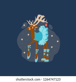 Christmas cute deer ballerina in tutu. Vector icon can use for presents, invitation, children room decor, interior design.