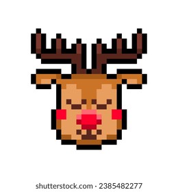 Christmas cute deer character isolated on white background. Xmas reindeer or caribou icon. Vector pixel art illustration of New Year elements in 16-bit old style.