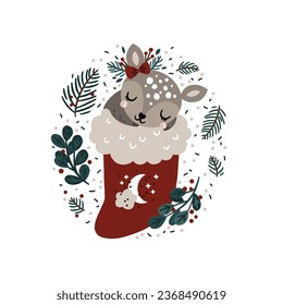 Christmas cute deer in sock, Baby animal illustration with leaves on white background