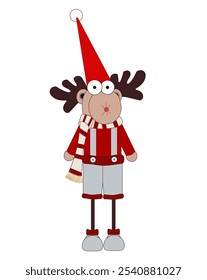 Christmas cute deer, deer wearing Santa Claus hat. Isolated Christmas deer on a white background. Vector graphics. New Year's deer in clothes. Cute cartoon character on a white background. New Year an