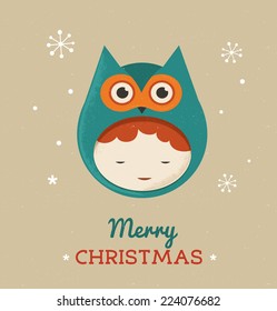 Christmas cute design greeting card background with girl owl