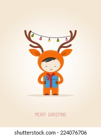 Christmas cute design greeting card background with girl deer