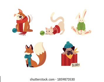 christmas cute dog cat fox and rabbit with hat and sweaters animal cartoon