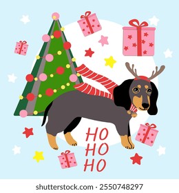 Christmas, cute dog, gifts boxes, Christmas tree. Vector illustration.
