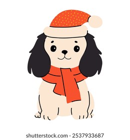 Christmas cute dogs. Winter holidays Vector illustration with funny pets. 