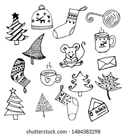 Christmas cute doodle set with Christmas trees, mouse with heart, socks, cups, sweets, warm hat, letters Santa. Freehand drawing. EPS8 vector illustration