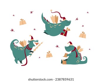 Christmas cute dragons with gifts, marshmallows and socks. Vector illustration.