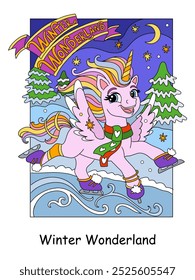 Christmas cute dreaming skating unicorn. Winter wonderland lettering. Vector cartoon illustration. New year concept. For book illustration, stickers, print, game, postcards, puzzle, design